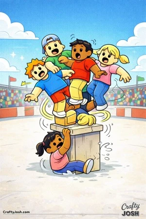 A Roblox-inspired coloring page showing a crowded group of kids struggling to balance on a tiny arena platform, with funny slips, wobbles, and ..