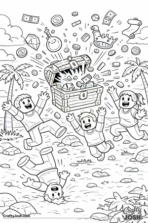 A Roblox-inspired coloring page showing a treasure chest bursting open on a sandy island as excited avatars leap, tumble, and reach for flying loot ..