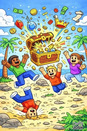 A Roblox-inspired coloring page showing a treasure chest bursting open on a sandy island as excited avatars leap, tumble, and reach for flying loot ..