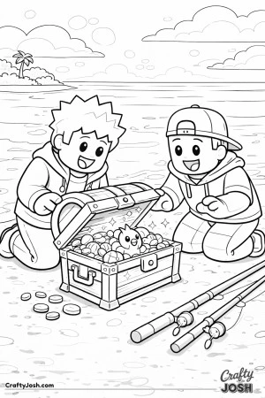 A Roblox-inspired coloring page showing two kids discovering a treasure chest by the shoreline, filled with coins and seaside treasures, with fishing ..