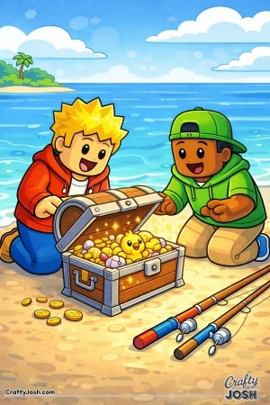 A Roblox-inspired coloring page showing two kids discovering a treasure chest by the shoreline, filled with coins and seaside treasures, with fishing ..