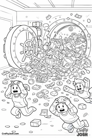 A Roblox-inspired coloring page showing a huge vault door bursting open as piles of collectibles spill out, with surprised blocky avatars reacting to ..