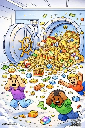 A Roblox-inspired coloring page showing a huge vault door bursting open as piles of collectibles spill out, with surprised blocky avatars reacting to ..