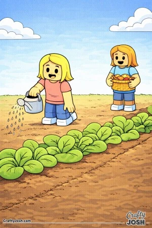 A Roblox-inspired coloring page showing two girls working together in a garden, with one watering large leafy plants while the other holds a basket ..