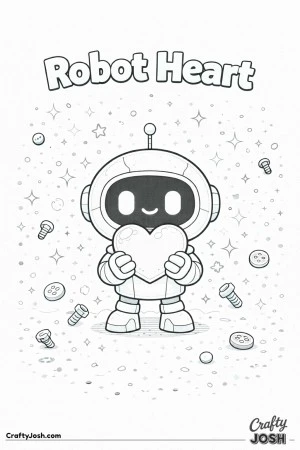 This Valentine’s Day coloring page features a friendly round robot offering a heart, surrounded by buttons, bolts, and sparkles, with the phrase ..