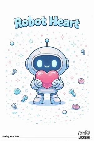 This Valentine’s Day coloring page features a friendly round robot offering a heart, surrounded by buttons, bolts, and sparkles, with the phrase ..