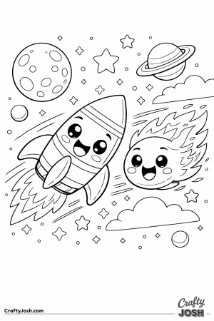 A rocket with big eyes races alongside a smiling comet through space, surrounded by stars, planets, and fluffy clouds