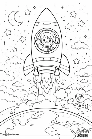 A rocket takes off into a starry night sky while a smiling girl astronaut waves from a round window