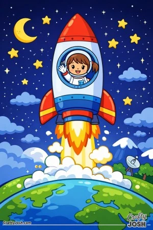 A rocket takes off into a starry night sky while a smiling girl astronaut waves from a round window