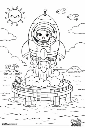 A astronaut waves from inside a rocket as it launches from a floating platform in the ocean, surrounded by clouds, islands, and a cheerful sunny sky