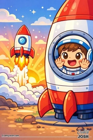 A rocket lifts off at sunrise while a astronaut presses his face to the round window, waving excitedly