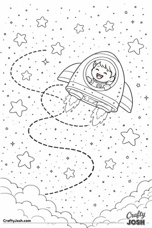 A small rocket flies through a starry sky while a smiling astronaut waves from a round window