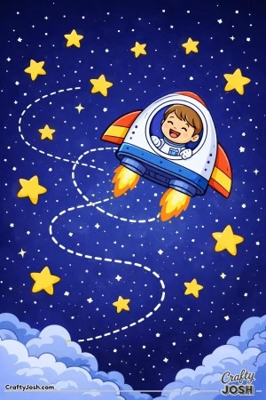 A small rocket flies through a starry sky while a smiling astronaut waves from a round window
