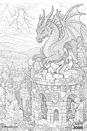 This scene shows an Eastern European princess sitting high on a ruined castle tower beside her dragon companion.