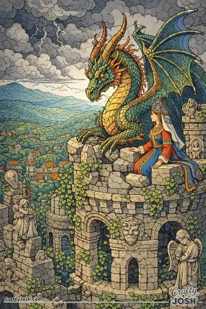 This scene shows an Eastern European princess sitting high on a ruined castle tower beside her dragon companion.