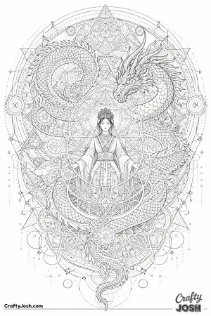This illustration shows an East Asian princess and dragon emerging from a beautiful web of sacred geometry