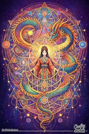 This illustration shows an East Asian princess and dragon emerging from a beautiful web of sacred geometry