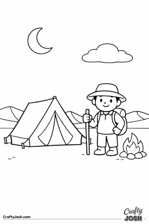 This friendly Sahara Desert camp scene shows a cozy tent, a happy traveler, and a warm little campfire under the moon