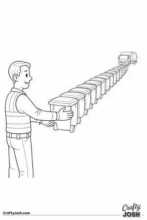 Sanitation worker long line of bins