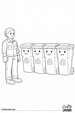 Sanitation worker recycling bins line up