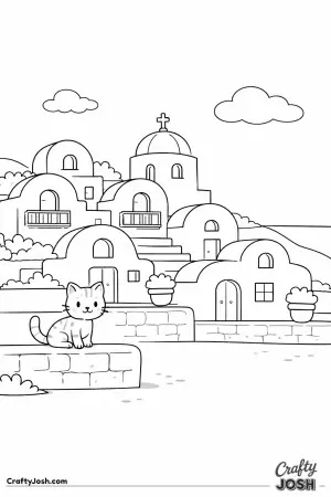 A quiet village of white Santorini houses is stacked along a slope, with a friendly cat resting in front