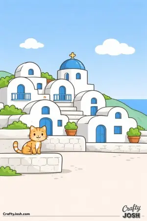 A quiet village of white Santorini houses is stacked along a slope, with a friendly cat resting in front