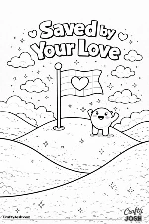 This fun Valentine’s Day coloring page features a playful game-inspired scene with a checkpoint flag and the message “Saved by Your Love.”