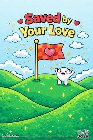 This fun Valentine’s Day coloring page features a playful game-inspired scene with a checkpoint flag and the message “Saved by Your Love.”