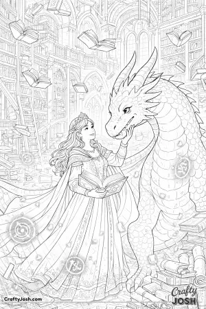 This colored illustration shows a European princess and her dragon inside a grand fantasy library filled with towering shelves and floating books.