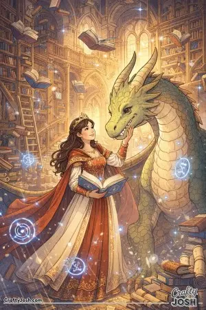 This colored illustration shows a European princess and her dragon inside a grand fantasy library filled with towering shelves and floating books.