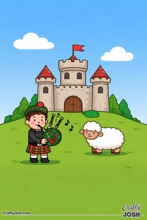 A cheerful Scottish castle sits on a hill while a young bagpiper plays music beside a fluffy sheep