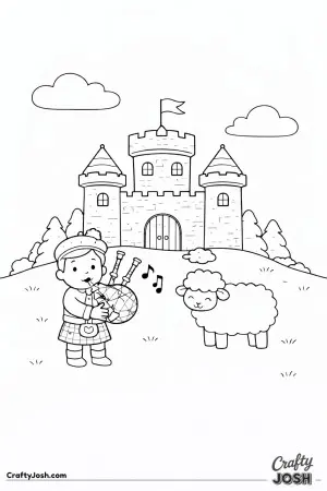 A cheerful Scottish castle sits on a hill while a young bagpiper plays music beside a fluffy sheep
