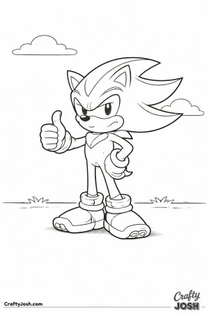 Shadow the Hedgehog stands calmly with a serious expression while giving a thumbs-up