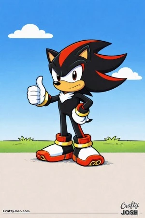 Shadow the Hedgehog stands calmly with a serious expression while giving a thumbs-up