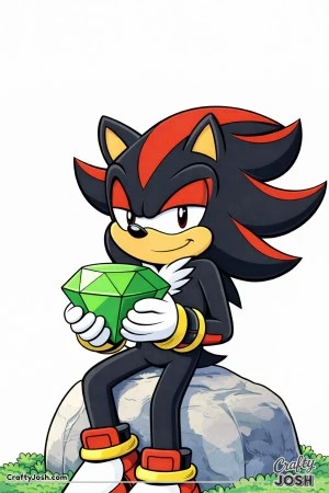 Shadow calmly holding a large Chaos Emerald with both hands against