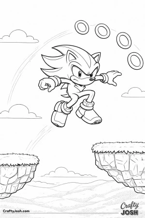 This image shows Shadow the Hedgehog leaping between two floating platforms with rings arcing above him and clouds in the background