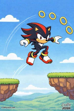 This image shows Shadow the Hedgehog leaping between two floating platforms with rings arcing above him and clouds in the background