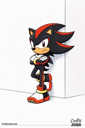 Shadow the Hedgehog leaning calmly against a plain wall with arms folded and one foot resting back