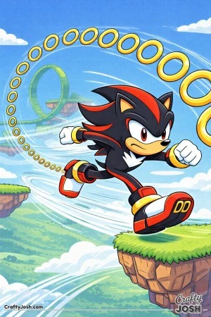 Shadow the Hedgehog sprinting alongside floating rings arranged like a racetrack, with loops and platforms in the background