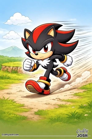 Shadow the Hedgehog runs forward in a focused sprint, with speed lines trailing behind him