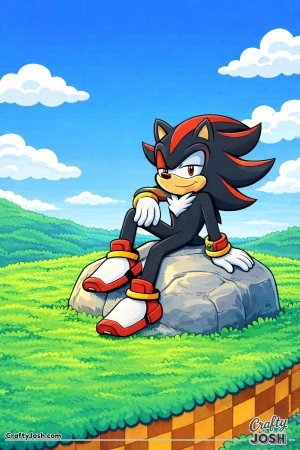 Shadow the Hedgehog sitting on a rock resting in a quiet grassy landscape