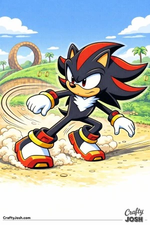 Shadow skids sideways to a stop, with curved motion lines and dust puffs kicking up beneath his shoes