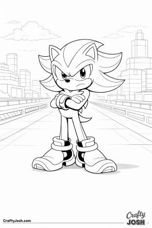 Shadow the Hedgehog stands confidently on a wide platform in a simplified futuristic city with blocky buildings and rails behind him