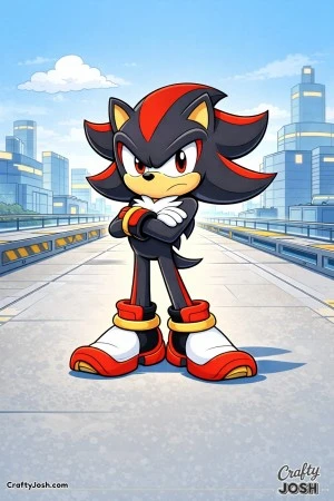 Shadow the Hedgehog stands confidently on a wide platform in a simplified futuristic city with blocky buildings and rails behind him