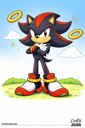 Shadow the hedgehog stands firmly with arms crossed, floating rings nearby and a simple sky with clouds behind him