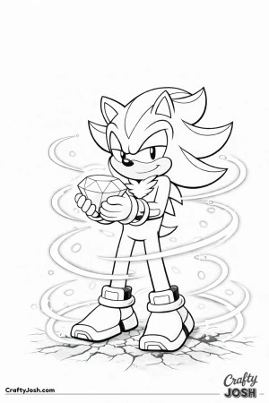 Shadow stands firmly while holding Chaos Emerald, the power is cracking the ground beneath him.