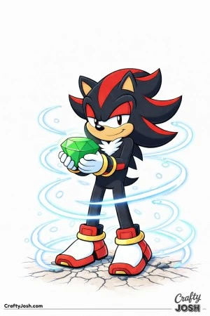 Shadow stands firmly while holding Chaos Emerald, the power is cracking the ground beneath him.