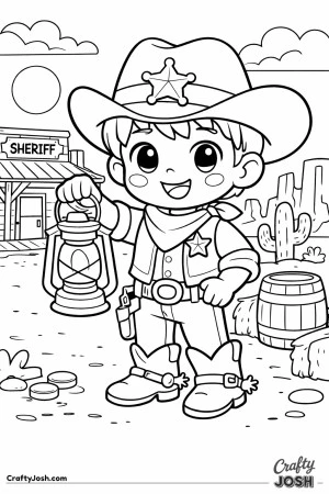 A cheerful young sheriff lights the way through a dusty Wild West town with his trusty lantern.
