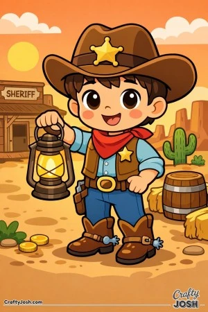 A cheerful young sheriff lights the way through a dusty Wild West town with his trusty lantern.