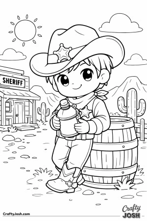 This friendly young sheriff is ready for a sunny day in the Wild West, holding his trusty water canteen.